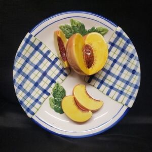 Ganz Bella Casa Ceramic Fruit Design Plate, Peach With Blue and Green Plaid